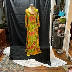 Vintage Design Thai Bangkok multi color flower pattern, belted long sleeve dress